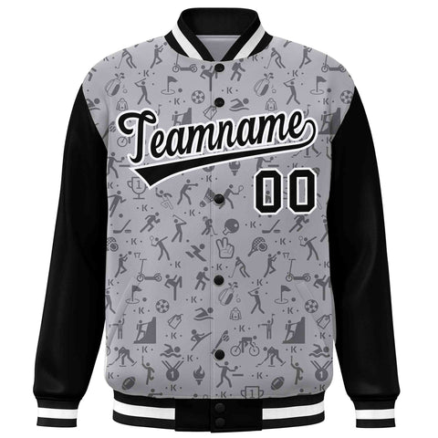 Custom Gray Black Graffiti Pattern Varsity Raglan Sleeves Letterman Baseball Jacket