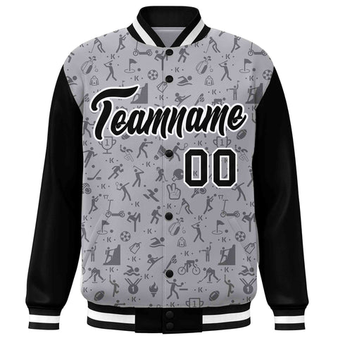 Custom Gray Black Graffiti Pattern Varsity Raglan Sleeves Letterman Baseball Jacket