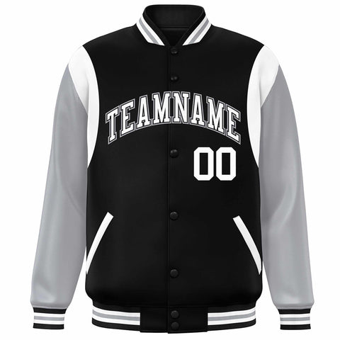Custom Black Gray-White Color Block Bomber Varsity Full-Snap Baseball Jacket