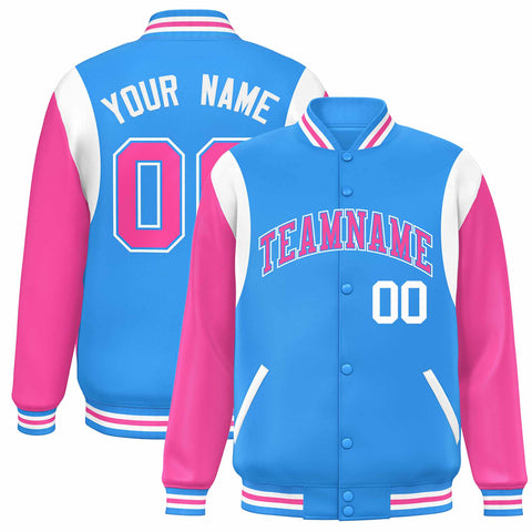 Custom Powder Blue Pink-White Color Block Bomber Varsity Full-Snap Baseball Jacket