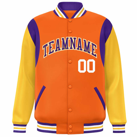 Custom Orange Yellow-Purple Color Block Bomber Varsity Full-Snap Baseball Jacket