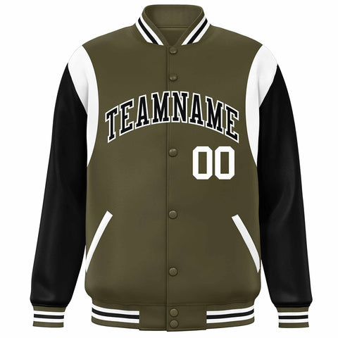 Custom Olive Black-White Color Block Bomber Varsity Full-Snap Baseball Jacket