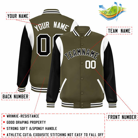 Custom Olive Black-White Color Block Bomber Varsity Full-Snap Baseball Jacket