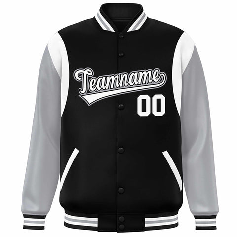 Custom Black Gray-White Color Block Bomber Varsity Full-Snap Baseball Jacket