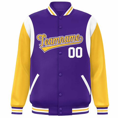 Custom Purple Yellow-White Color Block Bomber Varsity Full-Snap Baseball Jacket