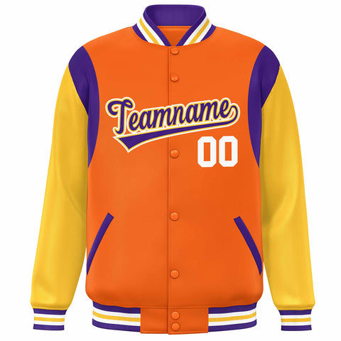 Custom Orange Yellow-Purple Color Block Bomber Varsity Full-Snap Baseball Jacket