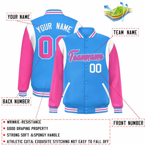 Custom Powder Blue Pink-White Color Block Bomber Varsity Full-Snap Baseball Jacket