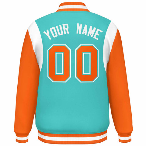Custom Aqua Orange-White Color Block Bomber Varsity Full-Snap Baseball Jacket