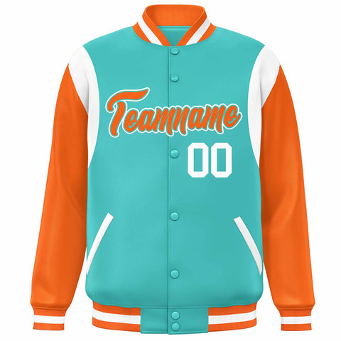 Custom Aqua Orange-White Color Block Bomber Varsity Full-Snap Baseball Jacket
