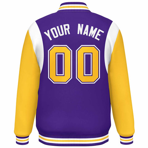 Custom Purple Yellow-White Color Block Bomber Varsity Full-Snap Baseball Jacket
