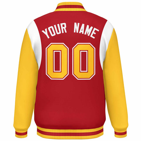 Custom Red Yellow-White Color Block Bomber Varsity Full-Snap Baseball Jacket