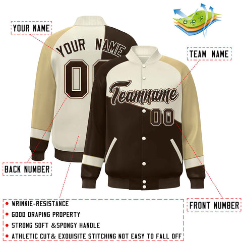 Custom Brown White-Khaki Color Block Bomber Varsity Full-Snap Baseball Jacket