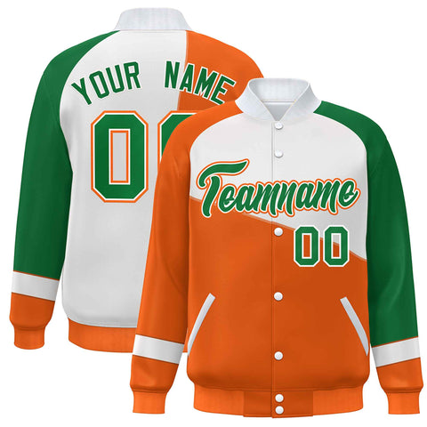 Custom Orange White-Kelly Green Color Block Bomber Varsity Full-Snap Baseball Jacket