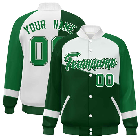 Custom Green White-Kelly Green Color Block Bomber Varsity Full-Snap Baseball Jacket