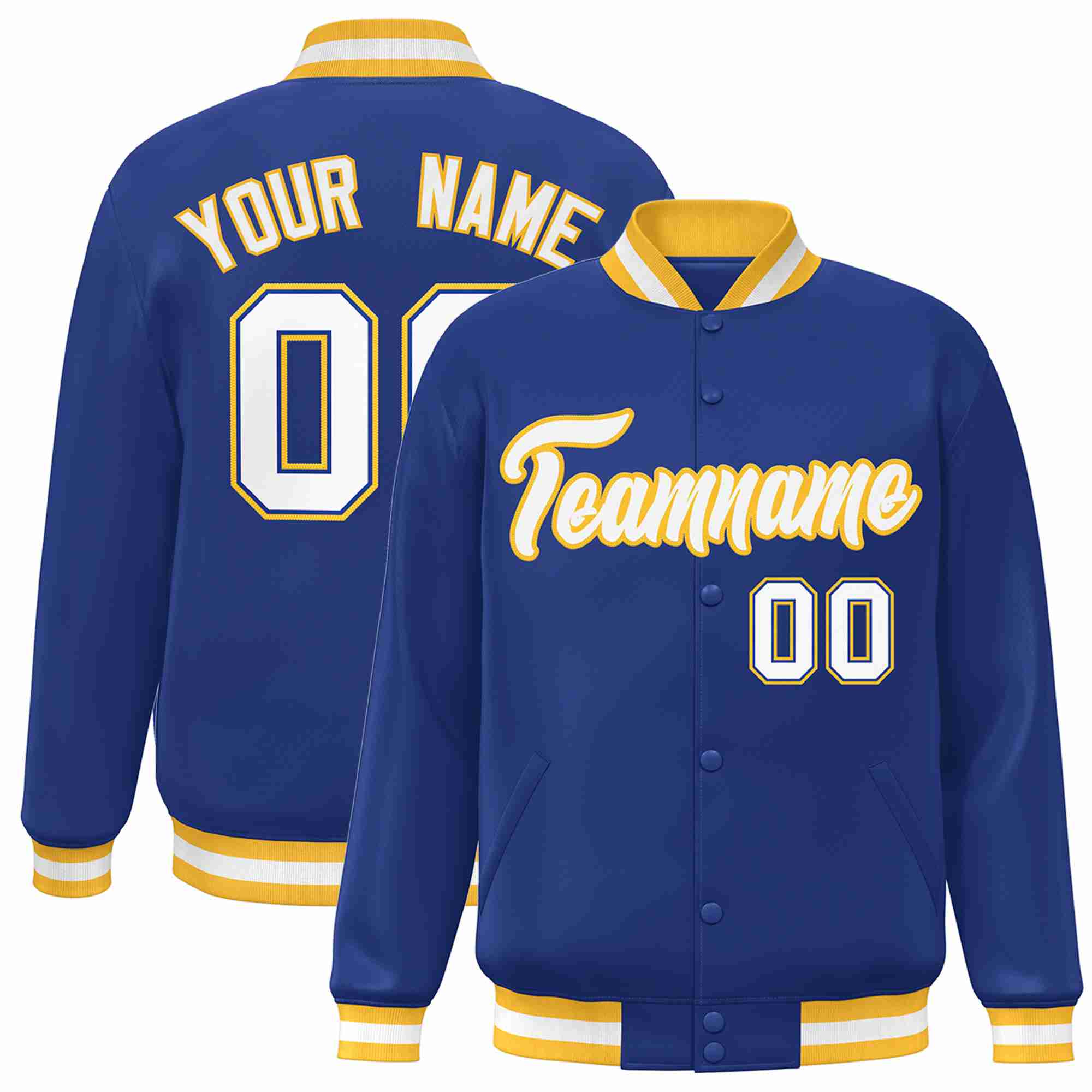 Custom Royal White Gold Classic Style Varsity Full Snap Letterman Jack