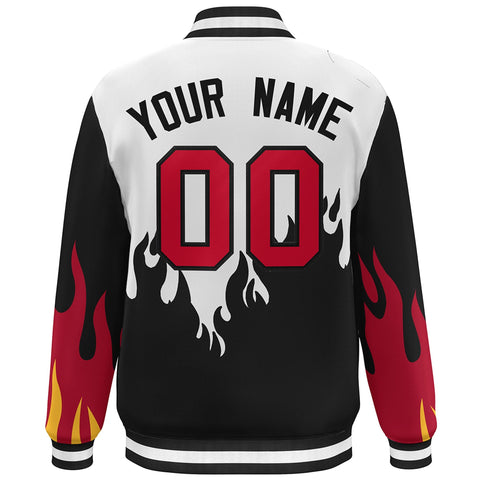 Custom White Black-Red Flame Graffiti Pattern Bomber Varsity Full-Snap Jacket