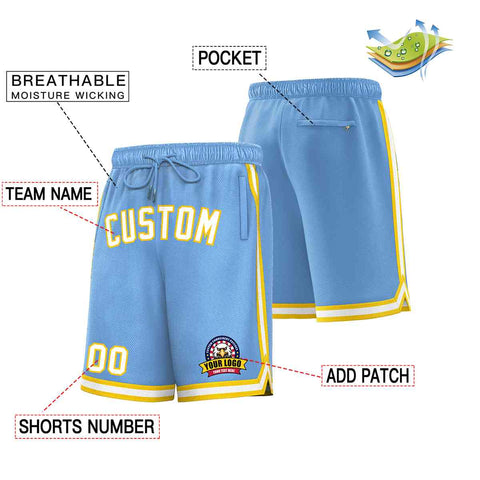Custom Light Blue White-Gold Classic Style Basketball Mesh Shorts