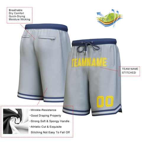 Custom Gray Navy-Yellow Personalized Basketball Shorts