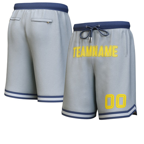 Custom Gray Navy-Yellow Personalized Basketball Shorts