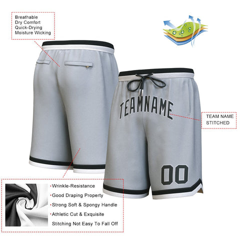 Custom Gray Black-White Personalized Basketball Shorts