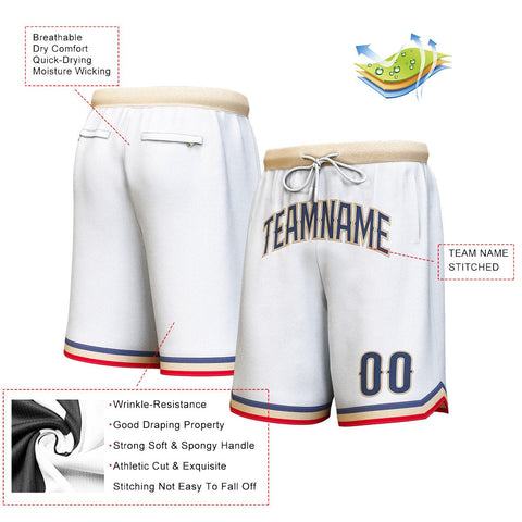 Custom White Navy-Old Gold Personalized Basketball Shorts