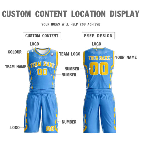 Custom Powder Blue Yellow-White Graffiti Pattern Sets Oblique Bar Basketball Jersey