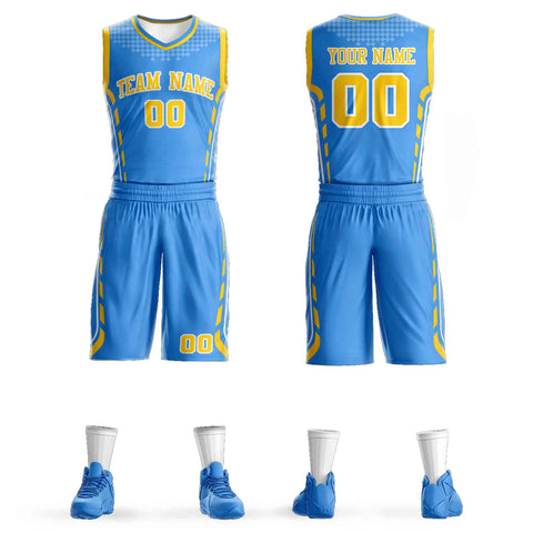 Custom Powder Blue Yellow-White Graffiti Pattern Sets Oblique Bar Basketball Jersey