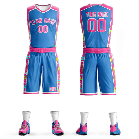 Custom Powder Blue Pink-White Graffiti Pattern Sets Lightning Basketball Jersey