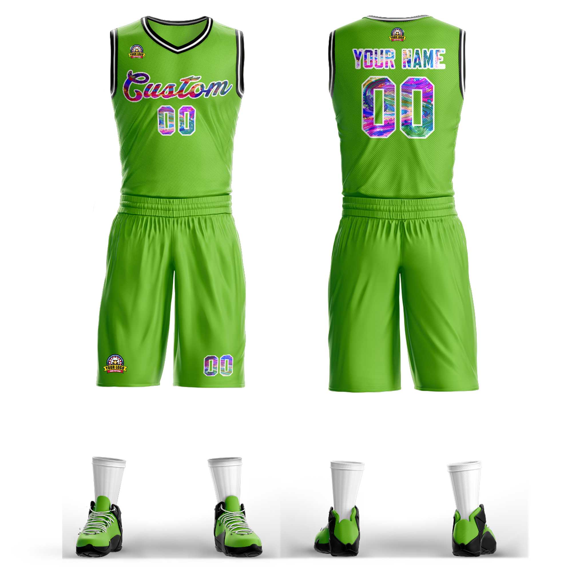 KXK Custom White Green Graffiti Pattern Sets Basketball Jersey