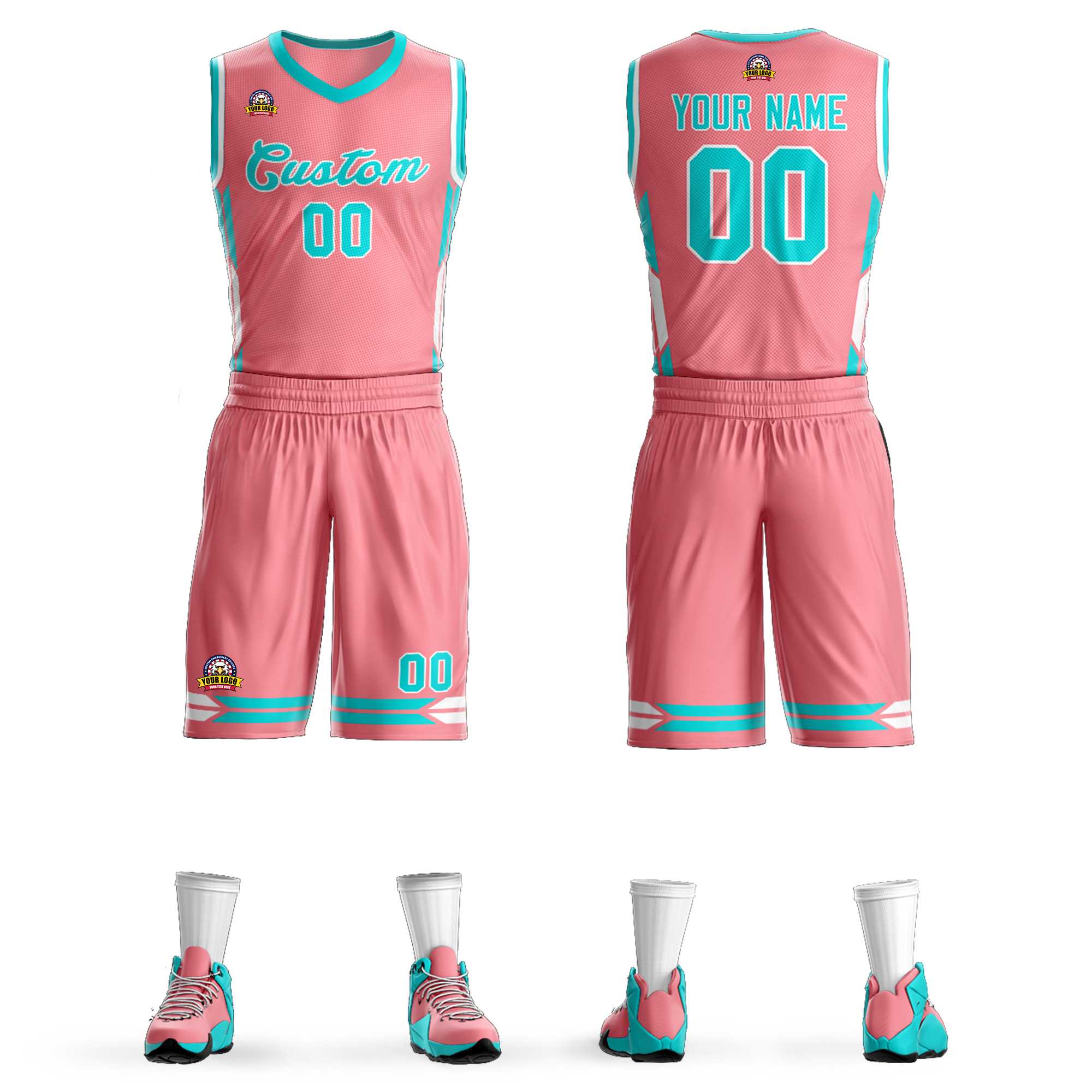 FANSIDEA Custom Pink White-Light Blue Round Neck Rib-Knit Basketball Jersey Youth Size:XL