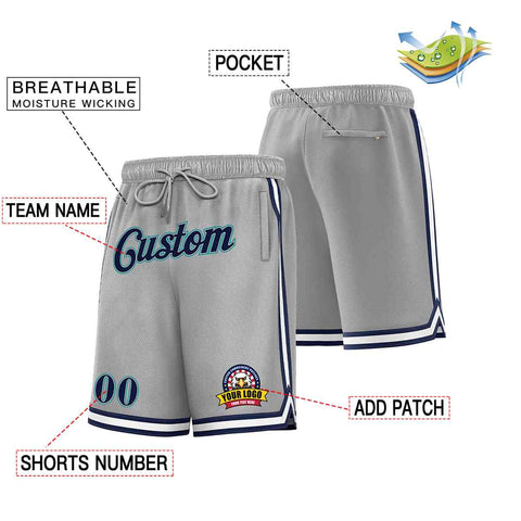 Custom Gray Navy-Teal Classic Style Basketball Mesh Shorts