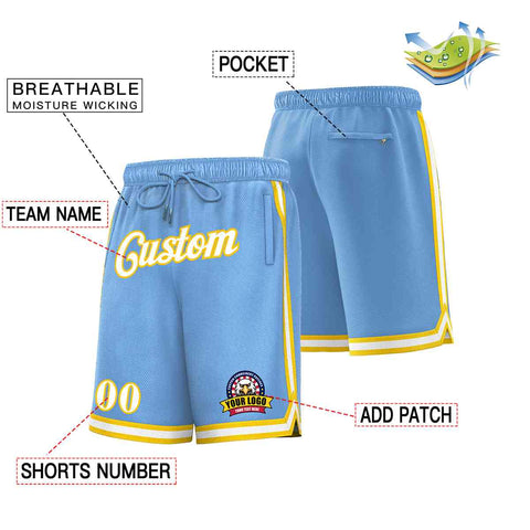 Custom Light Blue White-Gold Classic Style Basketball Mesh Shorts