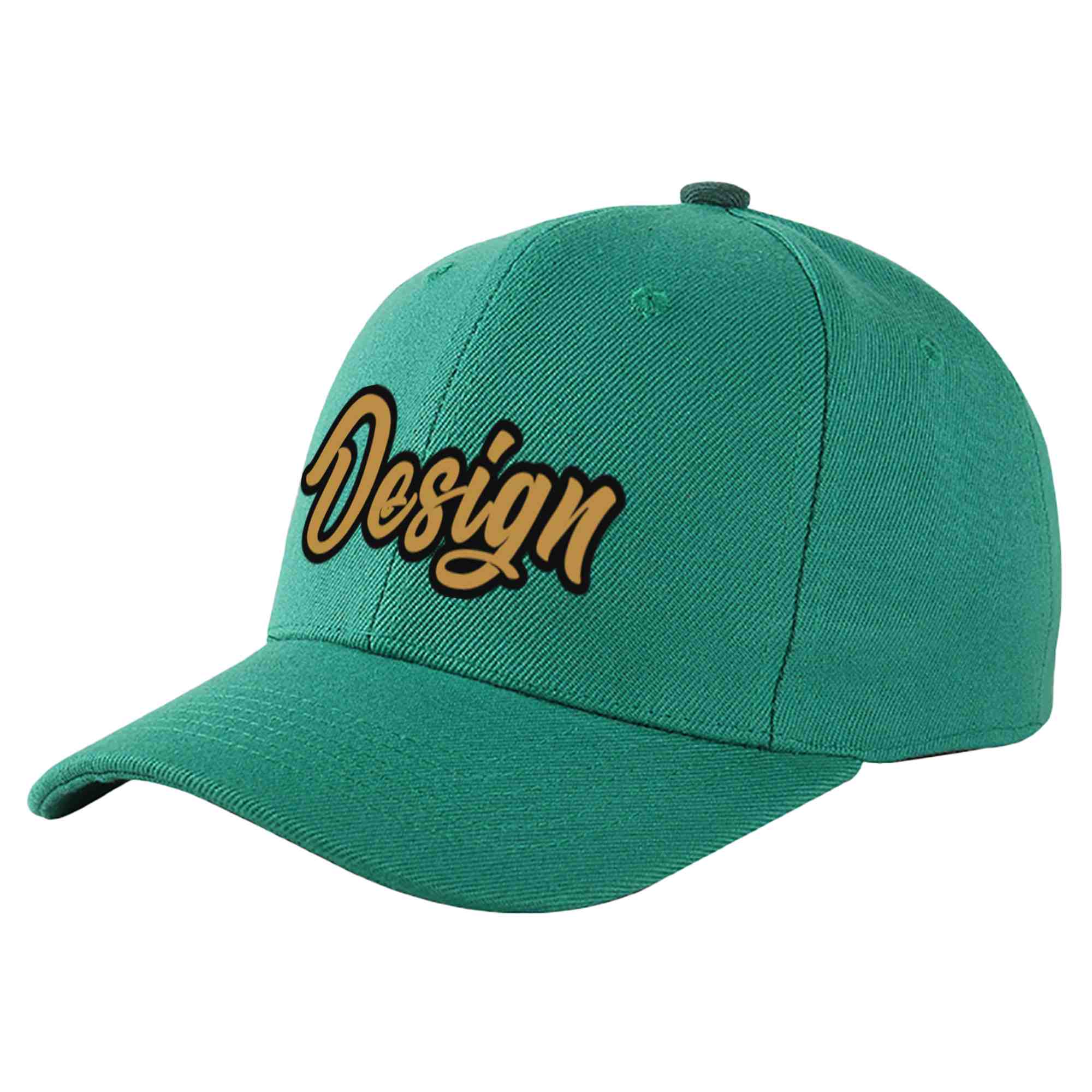 Custom Light Green Old GoldBlack Curved Eaves Sport Design Baseball C