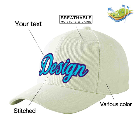 Custom Cream Light Blue-Purple Curved Eaves Sport Design Baseball Cap