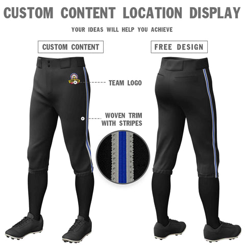 Custom Black Gray Royal-Gray Classic Fit Stretch Practice Knickers Baseball Pants