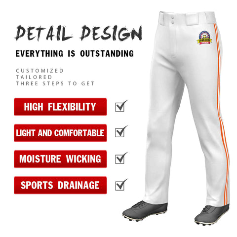 Custom White Orange White-Orange Classic Fit Stretch Practice Loose-fit Baseball Pants