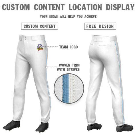 Custom White Light Blue-White Classic Fit Stretch Practice Pull-up Baseball Pants