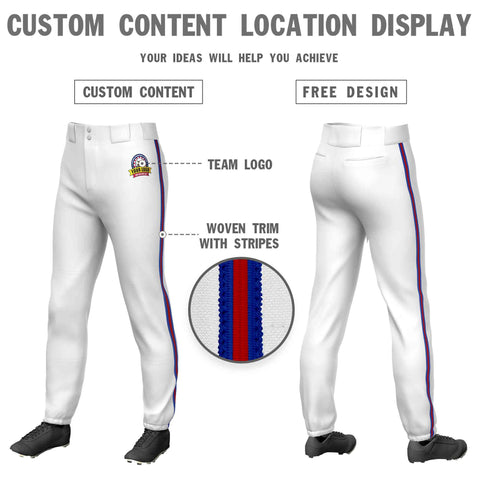 Custom White Royal Red-Royal Classic Fit Stretch Practice Pull-up Baseball Pants
