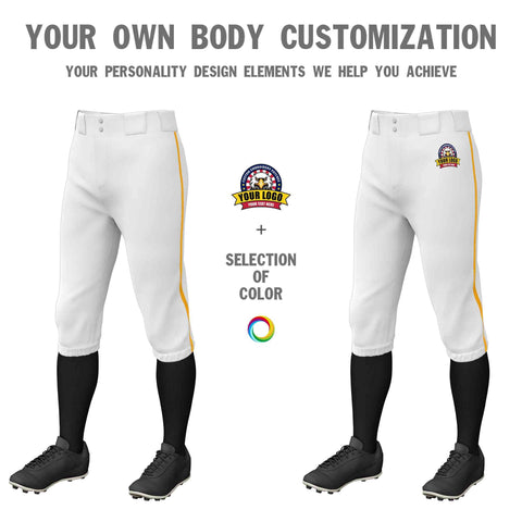 Custom White Yellow Classic Fit Stretch Practice Knickers Baseball Pants