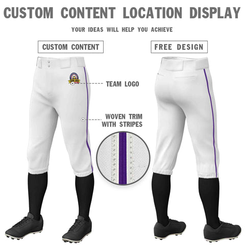 Custom White Purple Classic Fit Stretch Practice Knickers Baseball Pants