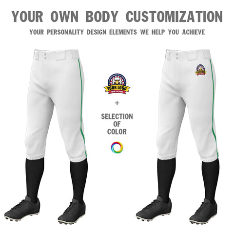 Custom White Kelly Green Classic Fit Stretch Practice Knickers Baseball Pants