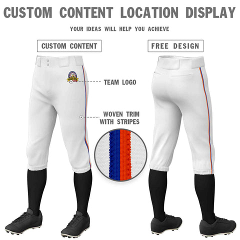 Custom White Royal-Orange Classic Fit Stretch Practice Knickers Baseball Pants