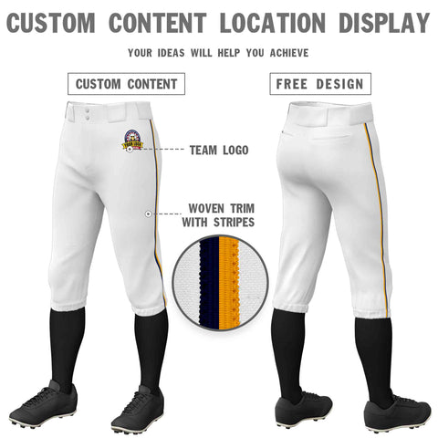 Custom White Navy-Yellow Classic Fit Stretch Practice Knickers Baseball Pants