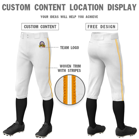Custom White Yellow White-Yellow Classic Fit Stretch Practice Knickers Baseball Pants