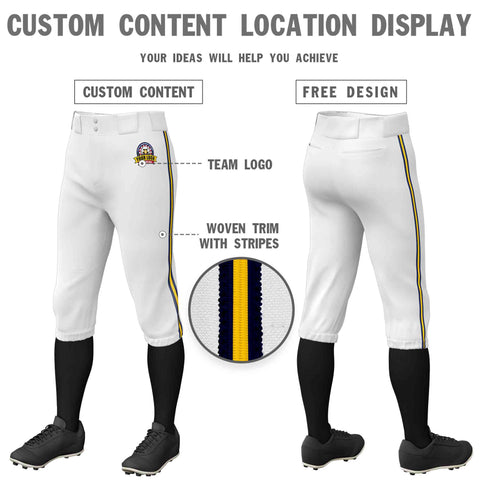 Custom White Navy Gold-Navy Classic Fit Stretch Practice Knickers Baseball Pants
