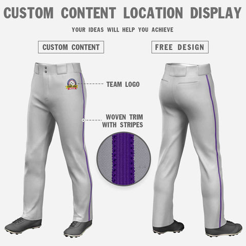 Custom Gray Purple Classic Fit Stretch Practice Loose-fit Baseball Pants