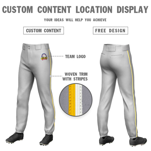 Custom Gray Gold-White Classic Fit Stretch Practice Pull-up Baseball Pants