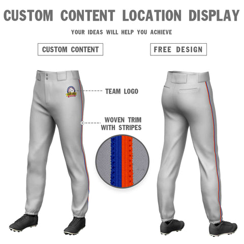 Custom Gray Royal-Orange Classic Fit Stretch Practice Pull-up Baseball Pants