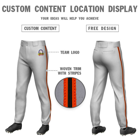 Custom Gray Orange Black-Orange Classic Fit Stretch Practice Pull-up Baseball Pants