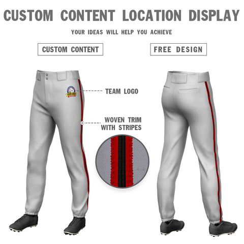 Custom Gray Red Black-Red Classic Fit Stretch Practice Pull-up Baseball Pants